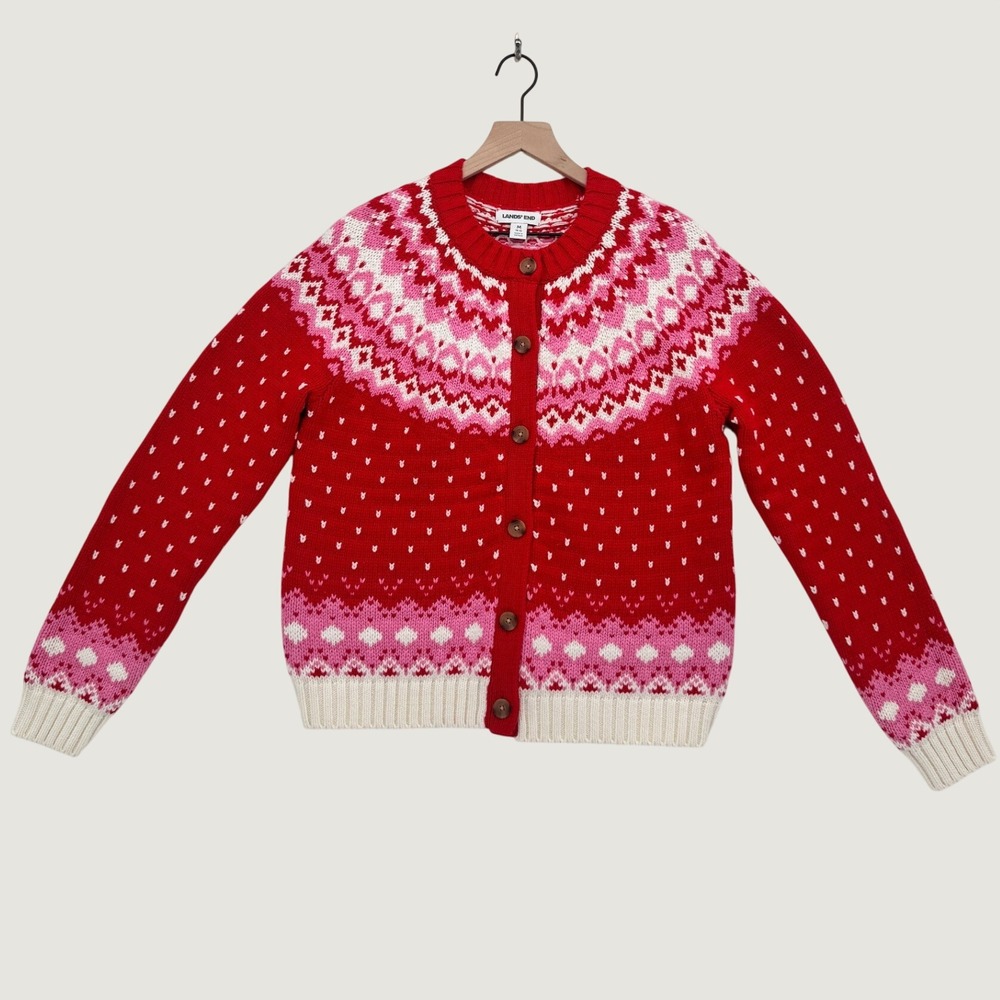 Lands' End Fair Isle Cotton Blend Button Front Cardigan Sweater Red Pink Size M